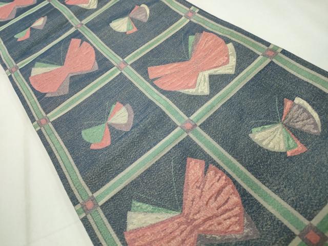 平和屋着物◎六通柄袋帯 格子舞蝶文 金糸 正絹 逸品 CAAZ0104dy