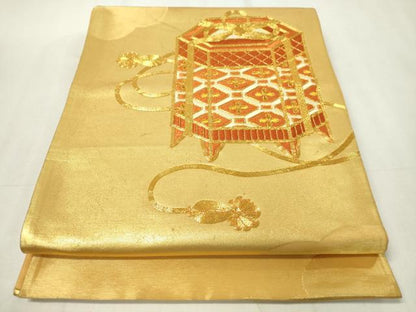 平和屋着物◎太鼓柄袋帯　駒刺繍　貝桶花文　金糸　やまとオリジナル　正絹　逸品　CAAZ0106dy