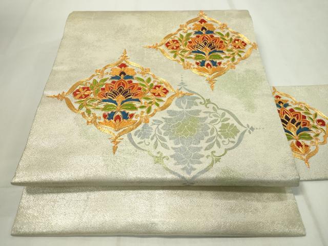 平和屋着物◎九寸名古屋帯　駒刺繍　吉祥花文　正絹　逸品　CAAZ0149dy