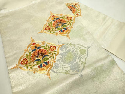 平和屋着物◎九寸名古屋帯　駒刺繍　吉祥花文　正絹　逸品　CAAZ0149dy