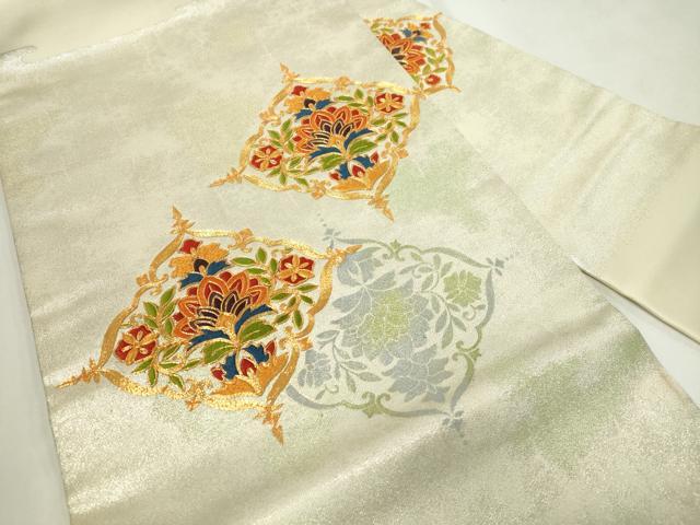 平和屋着物◎九寸名古屋帯　駒刺繍　吉祥花文　正絹　逸品　CAAZ0149dy