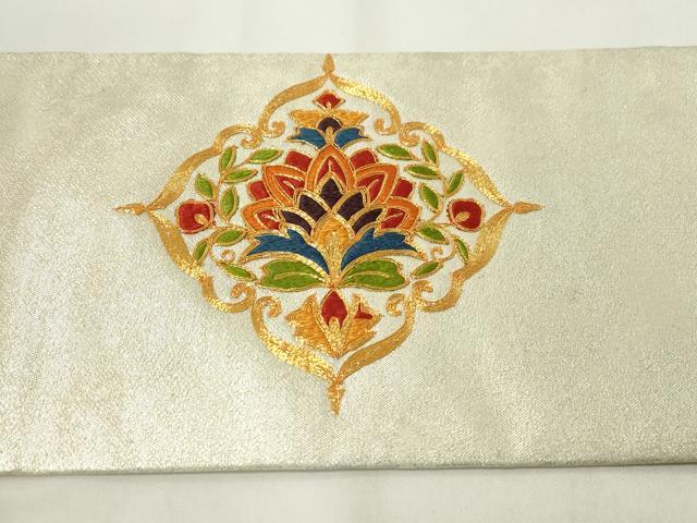 平和屋着物◎九寸名古屋帯　駒刺繍　吉祥花文　正絹　逸品　CAAZ0149dy