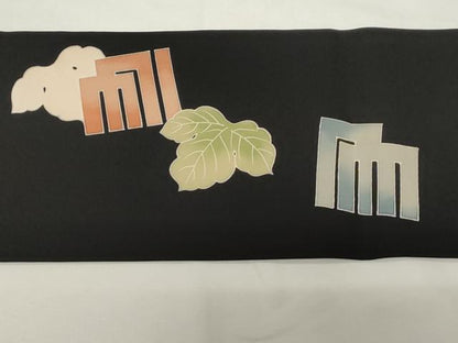 平和屋着物●九寸名古屋帯 友禅 作家物 源氏香蔦の葉文 黒地 正絹 逸品 未使用 CAAZ0348dy