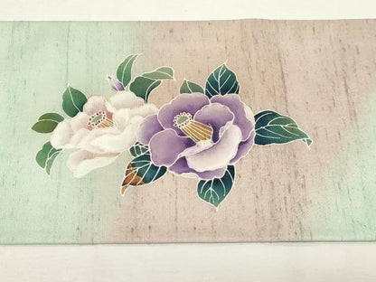 平和屋着物●九寸名古屋帯　友禅　作家物　紬地　椿　正絹　逸品　CAAZ0353dy