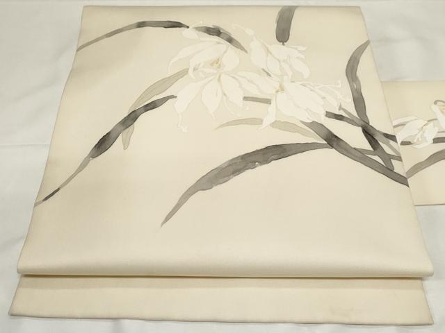 平和屋着物●塩瀬 九寸名古屋帯 手描き 草花文 金彩 正絹 逸品 CAAZ0354dy