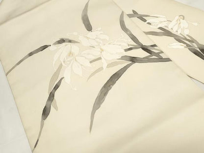 平和屋着物●塩瀬 九寸名古屋帯 手描き 草花文 金彩 正絹 逸品 CAAZ0354dy