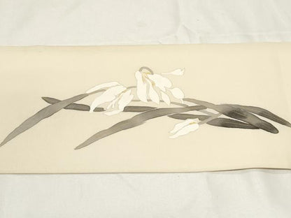 平和屋着物●塩瀬 九寸名古屋帯 手描き 草花文 金彩 正絹 逸品 CAAZ0354dy
