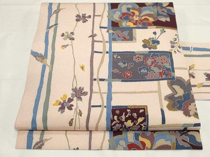平和屋着物●全通柄 九寸名古屋帯 型染め 草花文 鬼しぼ縮緬 正絹 逸品 CAAZ0368dy