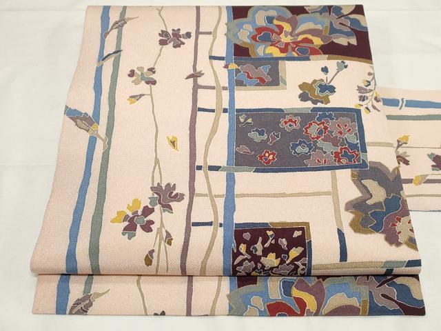 平和屋着物●全通柄 九寸名古屋帯 型染め 草花文 鬼しぼ縮緬 正絹 逸品 CAAZ0368dy