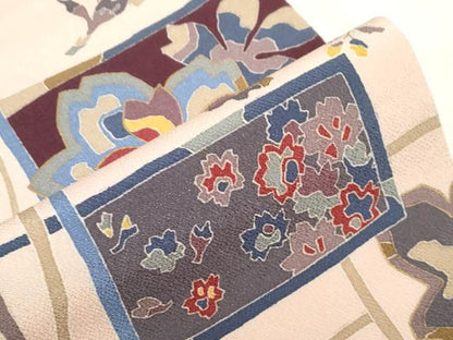 平和屋着物●全通柄 九寸名古屋帯 型染め 草花文 鬼しぼ縮緬 正絹 逸品 CAAZ0368dy