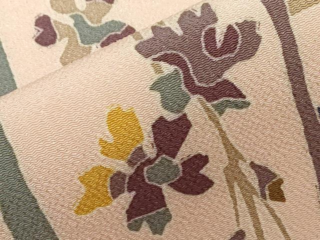平和屋着物●全通柄 九寸名古屋帯 型染め 草花文 鬼しぼ縮緬 正絹 逸品 CAAZ0368dy