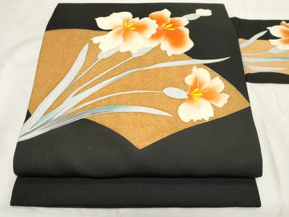 平和屋着物●塩瀬　九寸名古屋帯　地紙草花文　黒地　金彩　正絹　逸品　CAAZ0378dy