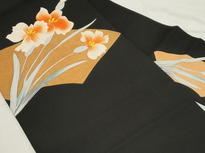 平和屋着物●塩瀬　九寸名古屋帯　地紙草花文　黒地　金彩　正絹　逸品　CAAZ0378dy