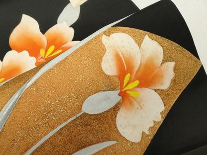 平和屋着物●塩瀬　九寸名古屋帯　地紙草花文　黒地　金彩　正絹　逸品　CAAZ0378dy