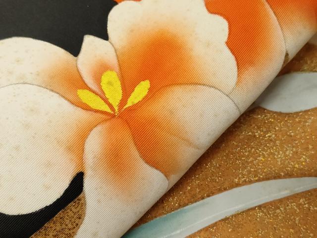 平和屋着物●塩瀬　九寸名古屋帯　地紙草花文　黒地　金彩　正絹　逸品　CAAZ0378dy