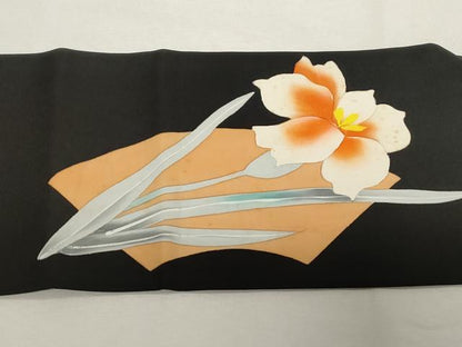 平和屋着物●塩瀬　九寸名古屋帯　地紙草花文　黒地　金彩　正絹　逸品　CAAZ0378dy