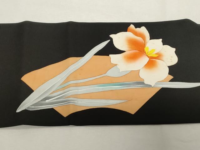 平和屋着物●塩瀬　九寸名古屋帯　地紙草花文　黒地　金彩　正絹　逸品　CAAZ0378dy