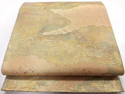 平和屋着物◎六通柄袋帯　雲取り立波文　引箔　正絹　逸品　CAAZ0406xi