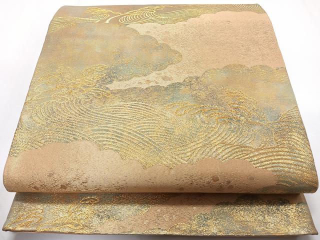 平和屋着物◎六通柄袋帯　雲取り立波文　引箔　正絹　逸品　CAAZ0406xi