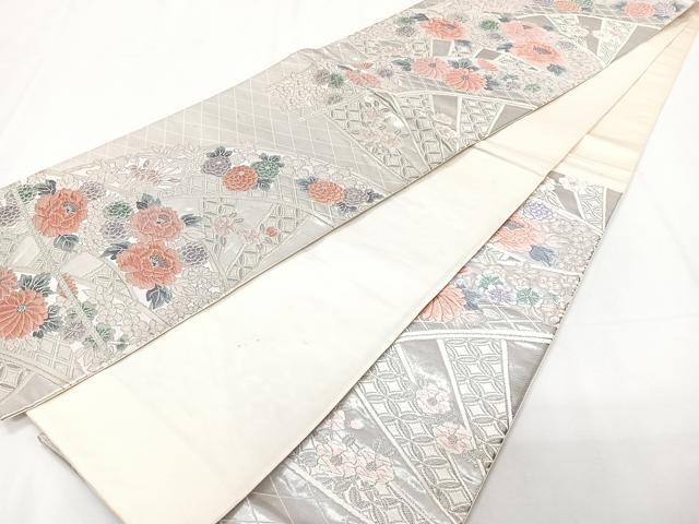 平和屋着物◎六通柄袋帯　唐織　片輪車花文　銀糸　正絹　逸品　CAAZ0428xi