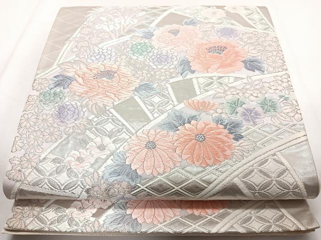 平和屋着物◎六通柄袋帯　唐織　片輪車花文　銀糸　正絹　逸品　CAAZ0428xi