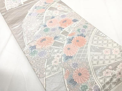 平和屋着物◎六通柄袋帯　唐織　片輪車花文　銀糸　正絹　逸品　CAAZ0428xi