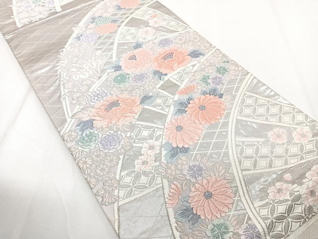 平和屋着物◎六通柄袋帯　唐織　片輪車花文　銀糸　正絹　逸品　CAAZ0428xi
