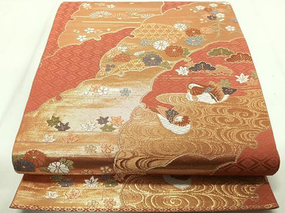 平和屋着物◎六通柄袋帯　唐織　雪輪花鳥文　金糸　正絹　逸品　CAAZ0430xi