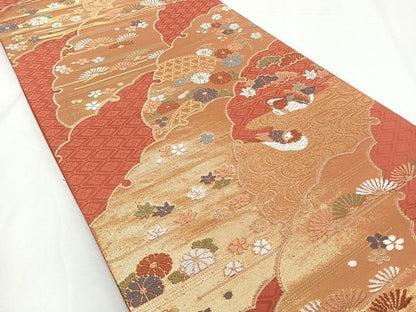 平和屋着物◎六通柄袋帯　唐織　雪輪花鳥文　金糸　正絹　逸品　CAAZ0430xi