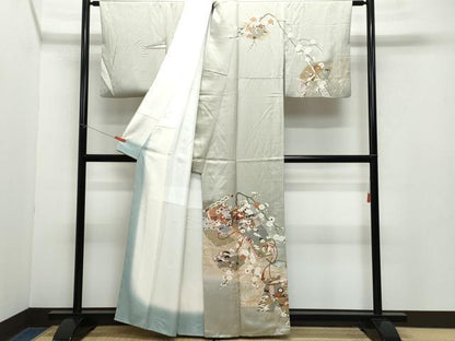 平和屋着物●訪問着　絵巻飛鶴草花文　金彩　正絹　逸品　CAAZ0873vf