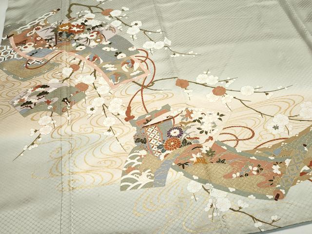 平和屋着物●訪問着　絵巻飛鶴草花文　金彩　正絹　逸品　CAAZ0873vf