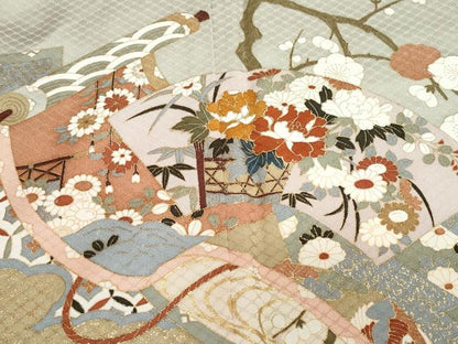 平和屋着物●訪問着　絵巻飛鶴草花文　金彩　正絹　逸品　CAAZ0873vf