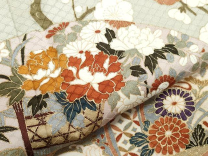 平和屋着物●訪問着　絵巻飛鶴草花文　金彩　正絹　逸品　CAAZ0873vf