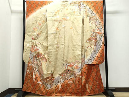 平和屋着物●豪華振袖　駒刺繍　扇面花丸文　金彩　正絹　逸品　CAAZ0901vf