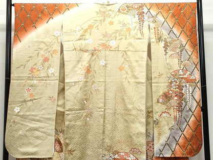 平和屋着物●豪華振袖　駒刺繍　扇面花丸文　金彩　正絹　逸品　CAAZ0901vf