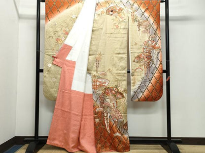 平和屋着物●豪華振袖　駒刺繍　扇面花丸文　金彩　正絹　逸品　CAAZ0901vf