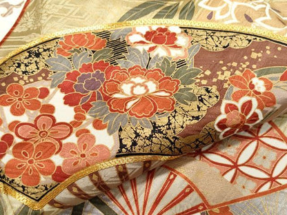 平和屋着物●豪華振袖　駒刺繍　扇面花丸文　金彩　正絹　逸品　CAAZ0901vf