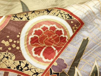 平和屋着物●豪華振袖　駒刺繍　扇面花丸文　金彩　正絹　逸品　CAAZ0901vf