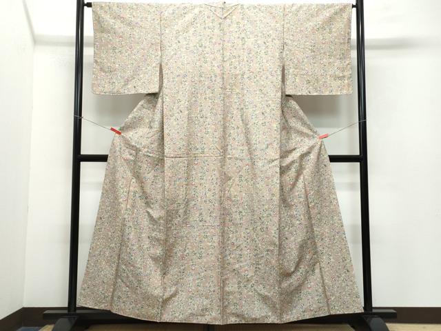 平和屋着物●上質な小紋 紬地 型染め 更紗草花文 正絹 逸品 未使用 CAAZ0904vf