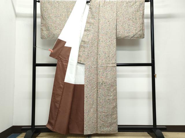 平和屋着物●上質な小紋 紬地 型染め 更紗草花文 正絹 逸品 未使用 CAAZ0904vf