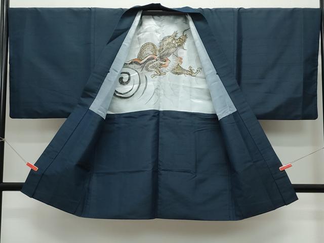 平和屋着物●男性　紬　アンサンブル　濃紺色　正絹　逸品　CAAZ0919vf