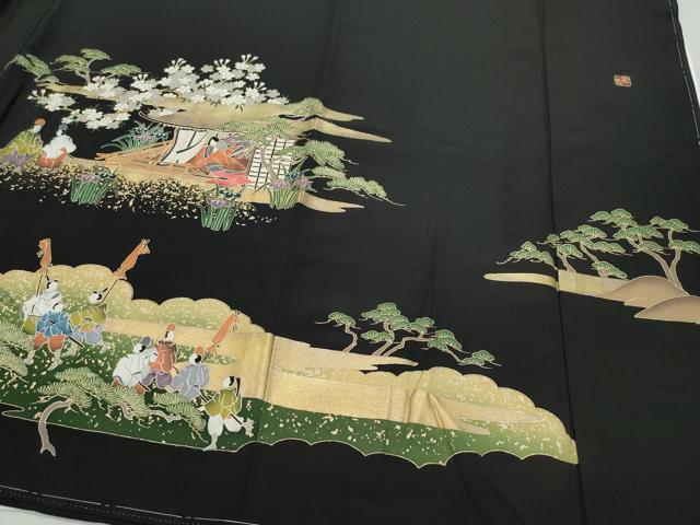 平和屋着物●豪華黒留袖　作家物　駒刺繍　御所車人物文　金彩　正絹　逸品　未使用　CAAZ1034vf