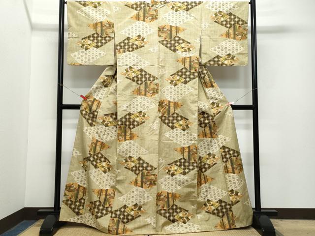 平和屋着物●上質な紬　菱吉祥唐草文　正絹　逸品　CAAZ1037vf