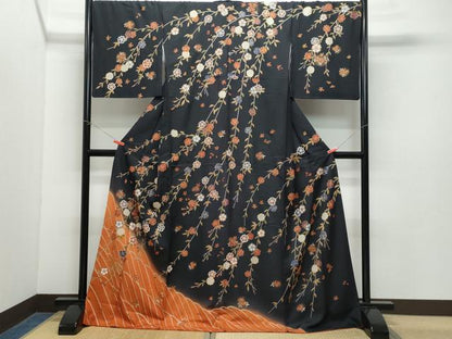 平和屋着物●訪問着　枝垂れ花文　黒地　金彩　ますいわ屋扱い　正絹　逸品　CAAZ1193vf