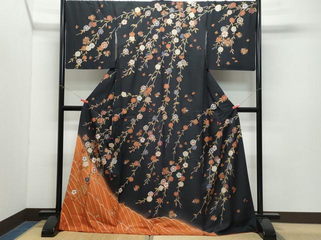 平和屋着物●訪問着　枝垂れ花文　黒地　金彩　ますいわ屋扱い　正絹　逸品　CAAZ1193vf