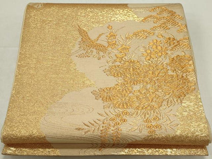 平和屋着物◎六通柄袋帯　流水飛鶴花文　金糸　正絹　逸品　CAAZ1203ou