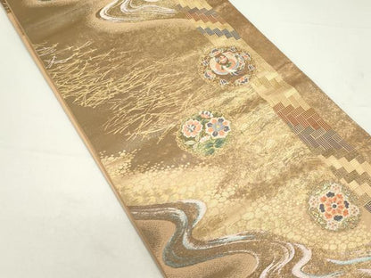 平和屋着物◎六通柄袋帯　唐織　流水花鳥文　金糸　正絹　逸品　CAAZ1211ou
