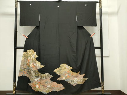 平和屋着物■豪華黒留袖 駒刺繍 飛鶴風景花文 金彩 正絹 逸品 CAAZ1322ou