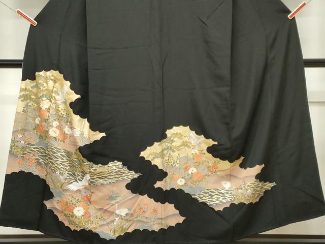 平和屋着物■豪華黒留袖 駒刺繍 飛鶴風景花文 金彩 正絹 逸品 CAAZ1322ou