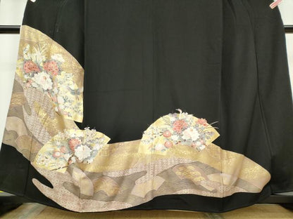 平和屋着物■豪華黒留袖　地紙飛鶴花文　金彩　正絹　逸品　CAAZ1391ou